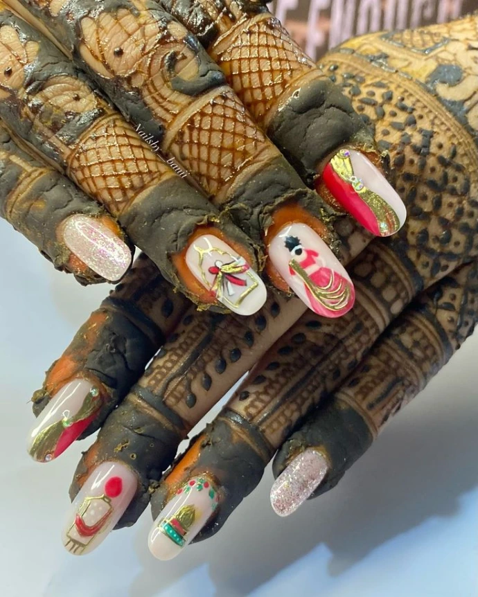 An elegant and delicate nails design created specially for brides. It uses soft shades, fine details, and subtle embellishments to perfectly complement the bridal look and add a touch of grace and beauty to the hands.